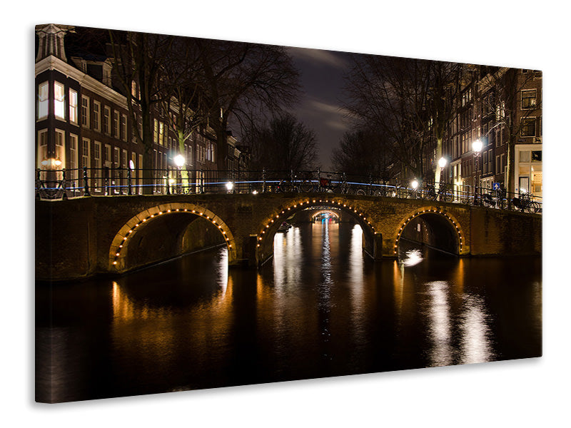 panoramic-3-piece-canvas-print-at-night-in-amsterdam